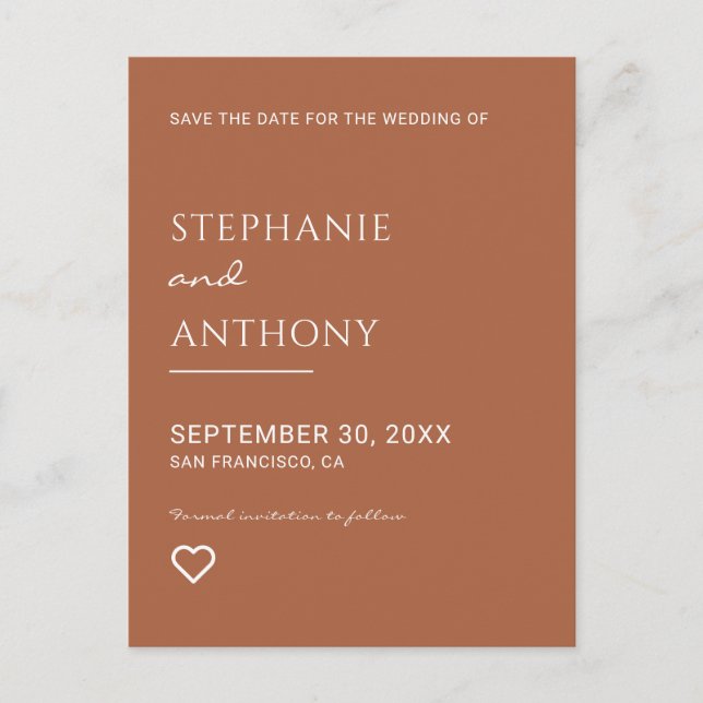 Cartão Postal De Anúncio Minimalist Terracotta with Heart Wedding  (Frente)
