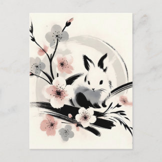 Cartão Postal De Anúncio Minimalist Zen Ink Bunny Cherry Blossoms