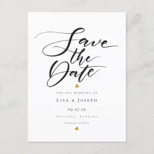 Cartão Postal De Anúncio Minimalista Corações de Ouro Script Save the Date