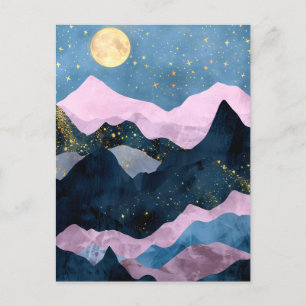 Cartão Postal De Anúncio Minimalista Lua Estrelas Montanha Vale Celestial