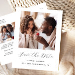 Cartão Postal De Anúncio Mínimo de 2 fotos preto e branco para salvar a dat<br><div class="desc">Este cartão postal simples e minimalista "Salvar a Data" apresenta uma fotografia quadrada acima das palavras "Salvar a Data" no elegante roteiro preto de escrita manual, seguido pelos nomes dos casais, pela data do casamento e pela cidade em sans serif, em um fundo branco. Adicione uma segunda foto horizontal e...</div>