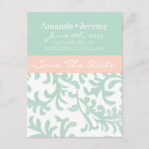 Cartão Postal De Anúncio Mint Green e Peach Pink Damask Salvar a Data