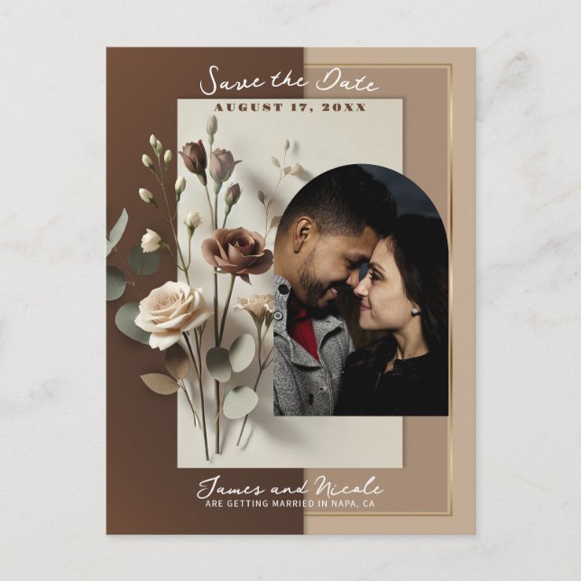 Cartão Postal De Anúncio Mocha Café Au Lait Brown Floral Data de Salvamento (Frente)