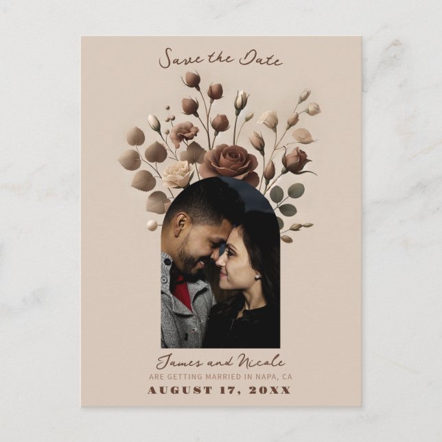 Cartão Postal De Anúncio Mocha Mousse Bege Marrom Floral Save The Date (Frente)