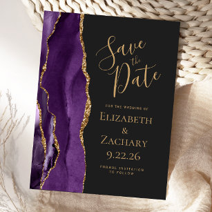 Cartão Postal De Anúncio Modern Agate Purple Dourado Dark Salve a Data