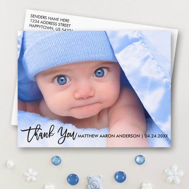 Cartão Postal De Anúncio Modern Brush Script Novo Bebê Obrigado B (Customize to change your personalized text size or text style.)