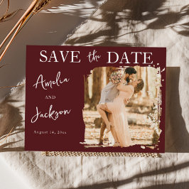Cartão Postal De Anúncio Modern Burgundy One Photo Save the Date Wedding