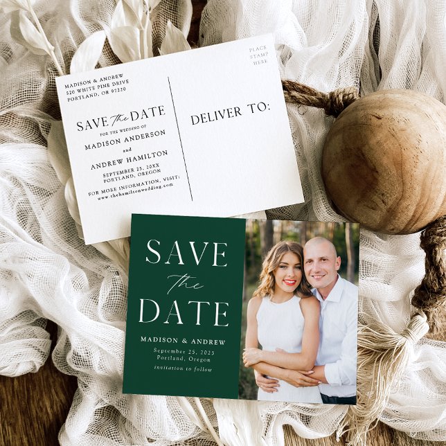 Cartão Postal De Anúncio Modern Elegant Green Photo Save the Date (Criador carregado)