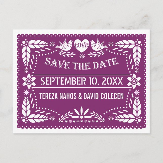 Cartão Postal De Anúncio Modern Papel picado casamento roxo Salve a data (Frente)
