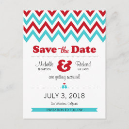 Cartão Postal De Anúncio Modern Red Aqua Chevron & Lovebird Salve a Data