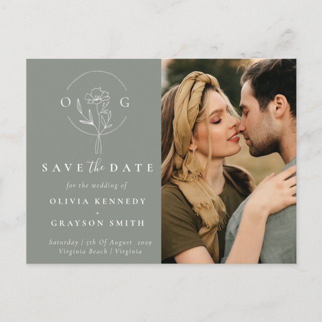 Cartão Postal De Anúncio Modern Sage Green - Duas fotos salvam a data (Frente)