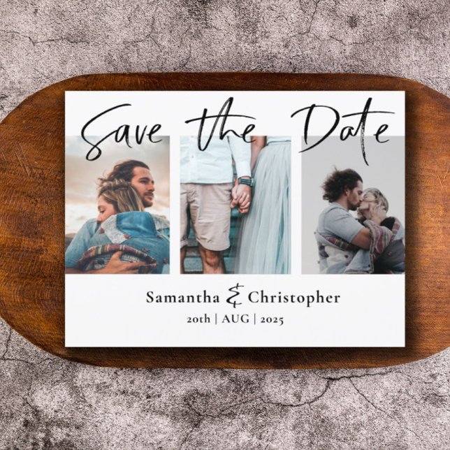 Cartão Postal De Anúncio Modern Save the Date Elegant Script Photo Collage (Criador carregado)