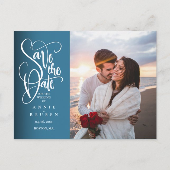 Cartão Postal De Anúncio Modern Save the Date Elegant White Script Photo (Frente)