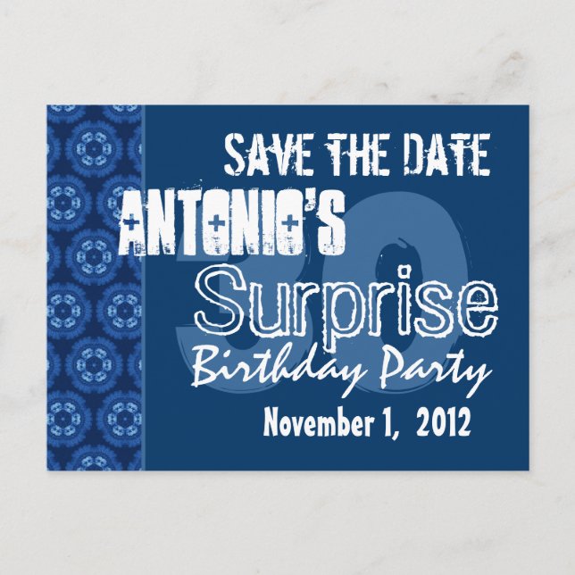 Cartão Postal De Anúncio Modern Save the Date Surprise 30 Party V400 (Frente)