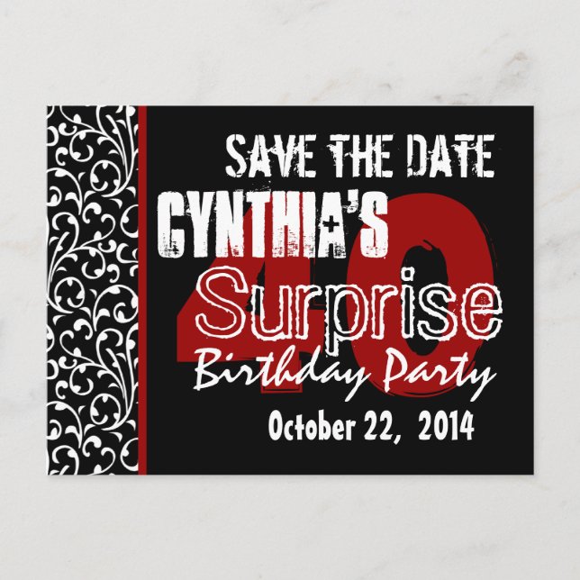 Cartão Postal De Anúncio Modern Save the Date Surprise 40th Black Red v51 (Frente)