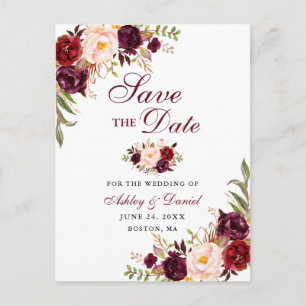Cartão Postal De Anúncio Moderno Elegante Salve a Data Floral Borgonha