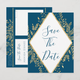 Cartão Postal De Anúncio Moldura Azul e Dourada Casamento Moderno