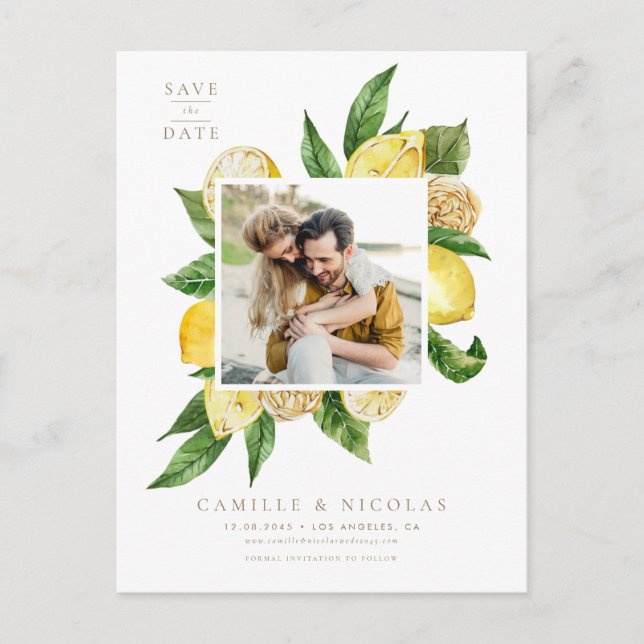 Cartão Postal De Anúncio Moldura de Limão em Aquarela Foto Botânica (Frente)