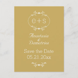 Cartão Postal De Anúncio Moldura e iniciais douradas, casamento branco Save