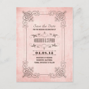 Cartão Postal De Anúncio Moldura floral rosa vintage para salvar a data