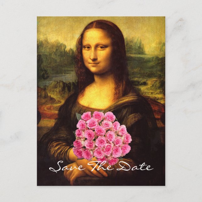 Cartão Postal De Anúncio Mona Lisa Com Buquê De Rosas Rosa (Frente)