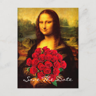 Cartão Postal De Anúncio Mona Lisa Com Buquê De Rosas Vermelhas