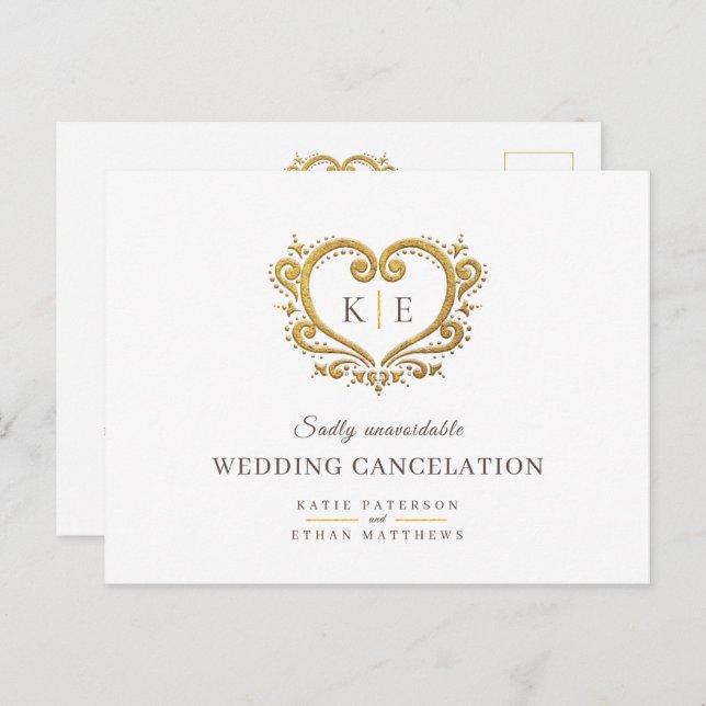 Cartão Postal De Anúncio Monograma cancelamento de casamento Ouro Marrom (Frente/Verso)