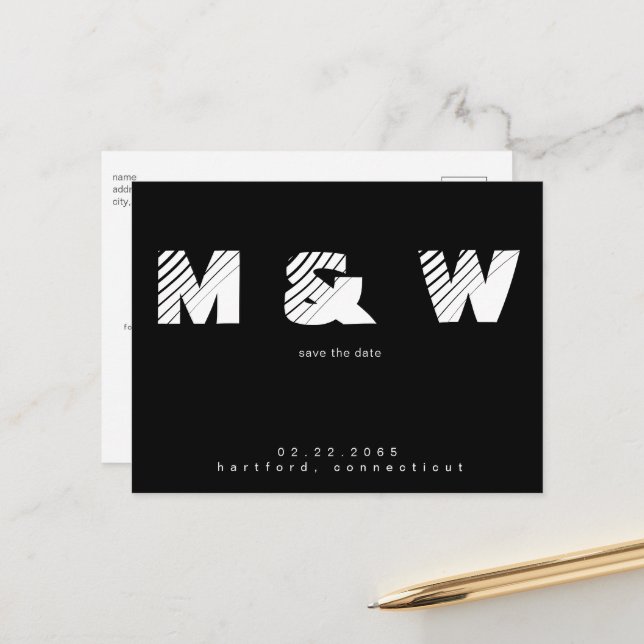 Cartão Postal De Anúncio Monograma Contemporâneo B/W Simples Salvar a Data (Frente/Verso In Situ)