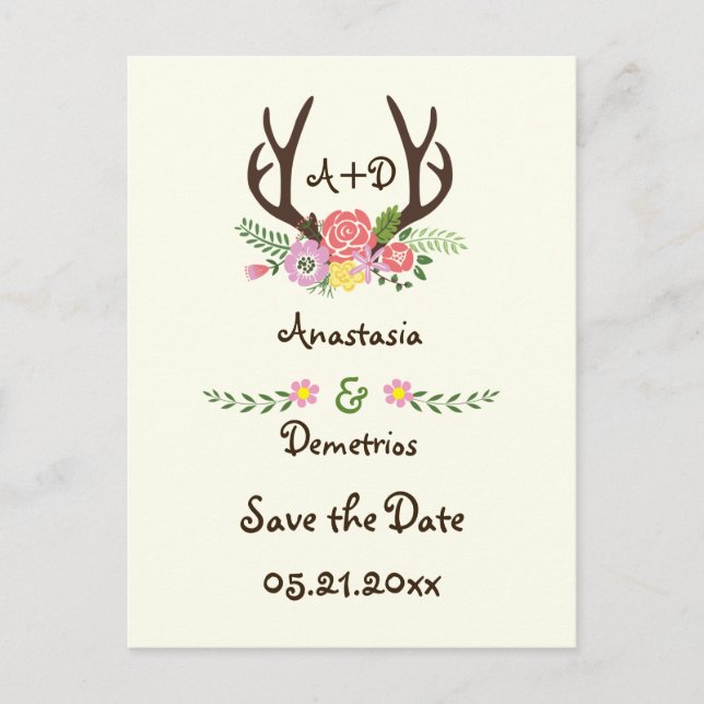 Cartão Postal De Anúncio Monograma de casamento com antlers e flores Save t (Frente)