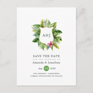 Cartão Postal De Anúncio Monograma de Casamento de Verão Tropical à Beira-M
