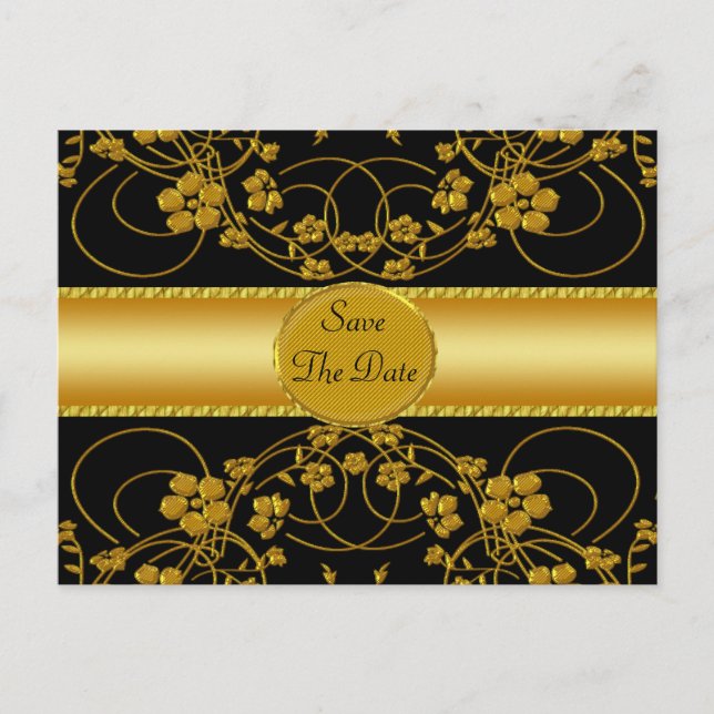 Cartão Postal De Anúncio Monograma Floral Dourado e Preto para Casamento (Frente)