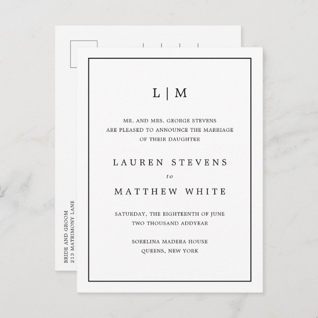 Cartão Postal De Anúncio Monograma Simples Preto e Branco Elegante Casament (Frente/Verso)