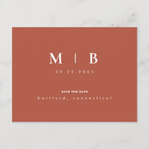 Cartão Postal De Anúncio Monograma Simples Terra Cotta Casamento Salvar Dat