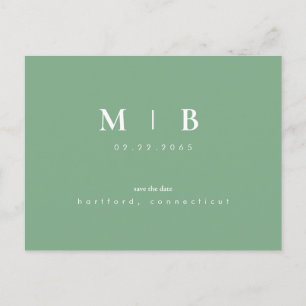 Cartão Postal De Anúncio Monograma Verde Simples e Moderno Save the Date 