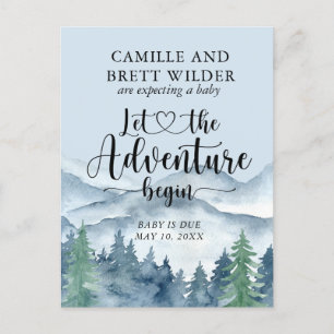Cartão Postal De Anúncio Montanhas de Aventura na Floresta Bebê Azul Gravid