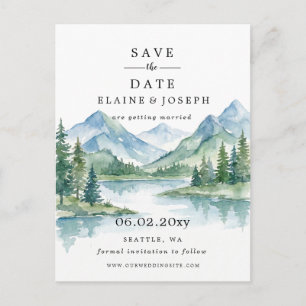 Cartão Postal De Anúncio Montanhas Rústicas em Aquarela Lago Save The Date