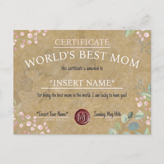 Cartão Postal De Anúncio Mother's Day World's Best Mom Certificate (Frente)