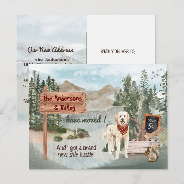 Cartão Postal De Anúncio Movendo Goldendoodle Pine Woods Novo Endereço (Frente/Verso)