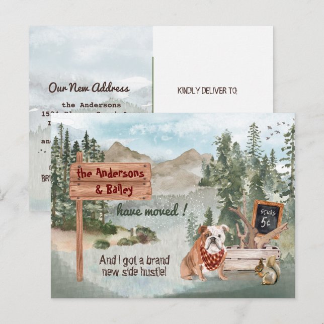 Cartão Postal De Anúncio Movendo o Inglês Bulldog Woods Novo Endereço       (Frente/Verso)