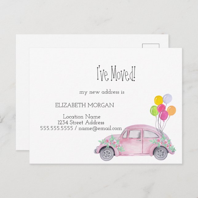 Cartão Postal De Anúncio Movi-me, Aquarela Carro Rosa, Novo Endereço (Frente/Verso)