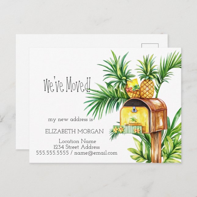Cartão Postal De Anúncio Movi-me, Mailbox Pineapple, novo endereço (Frente/Verso)