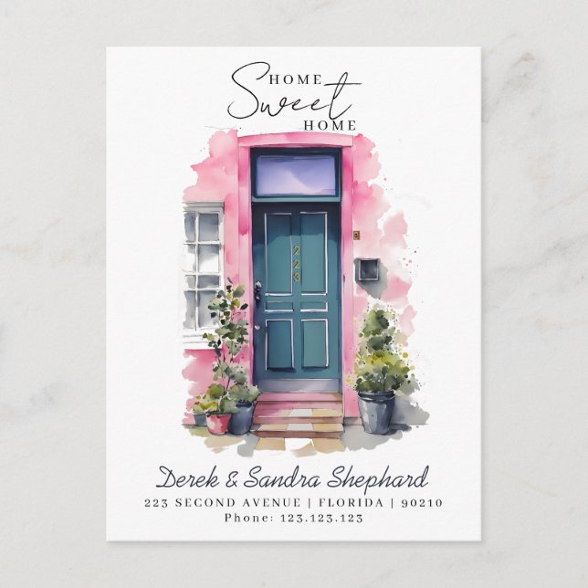 Cartão Postal De Anúncio Movimentamos a Porta de Aquarela rosa-rosa do Novo (Frente)