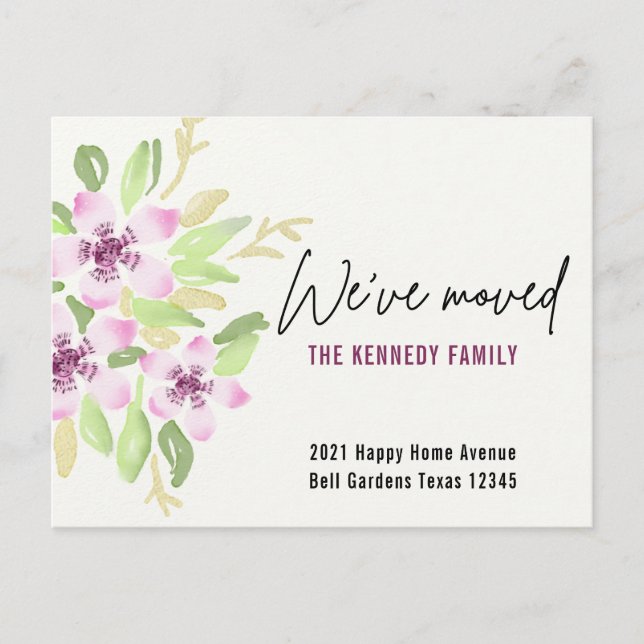 Cartão Postal De Anúncio Movimentamos Nova Movimentação Floral de Aquarela  (Frente)