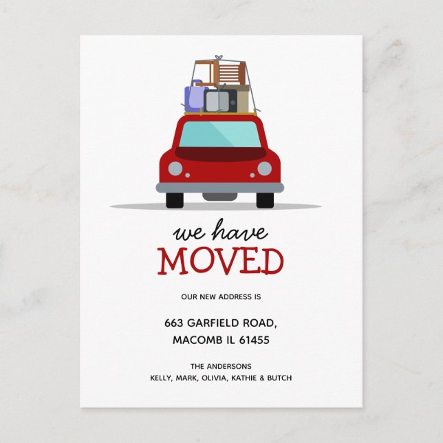 Cartão Postal De Anúncio Movimentamos o novo endereço da família do carro (Frente)