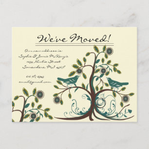 Cartão Postal De Anúncio Movimentamos Pássaros Vintage Teal em uma Árvore