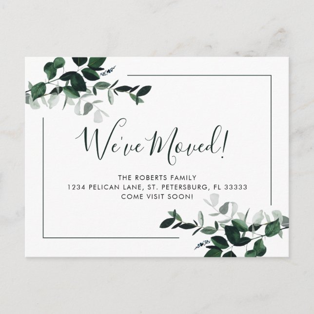 Cartão Postal De Anúncio Mudamos O Emerald Green Eucalyptus Novo Endereço A (Frente)