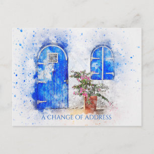 Cartão Postal De Anúncio Mudança azul da porta do cartão de endereço