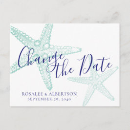 Cartão Postal De Anúncio Mudança de data Casamento de Starfish Teal Beach