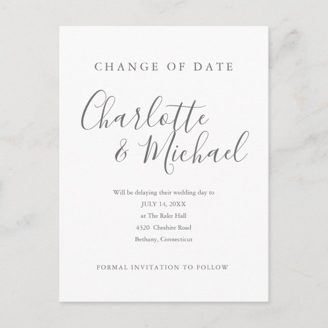 Cartão Postal De Anúncio Mudança de data de assinatura moderna adiada (Frente)