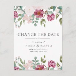 Cartão Postal De Anúncio Mudança de Data de Casamento Floral Burgundy & Blu
